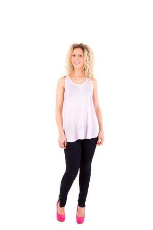 Beautiful blonde woman posing over white backgroundの写真素材