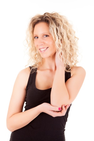 Beautiful blonde woman posing over white backgroundの写真素材