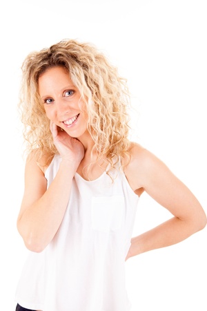 Beautiful blonde woman posing over white backgroundの写真素材