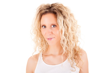 Beautiful blonde woman posing over white backgroundの写真素材