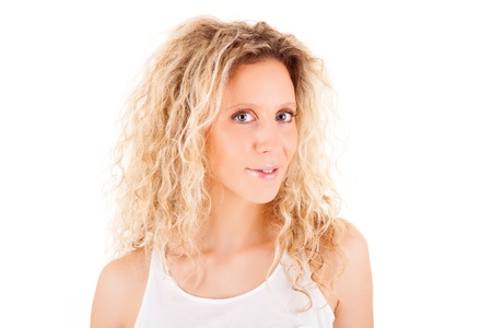 Beautiful blonde woman posing over white backgroundの写真素材