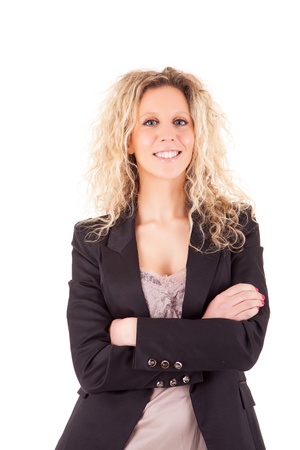 Beautiful blonde woman posing over white backgroundの写真素材