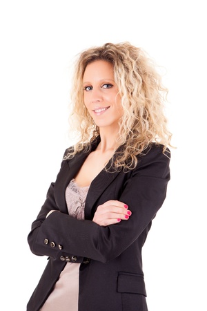 Beautiful blonde woman posing over white backgroundの写真素材