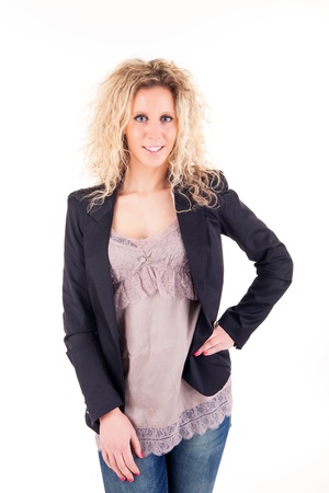 Beautiful blonde woman posing over white backgroundの写真素材