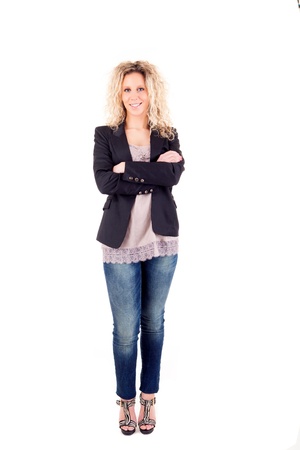 Beautiful blonde woman posing over white backgroundの写真素材
