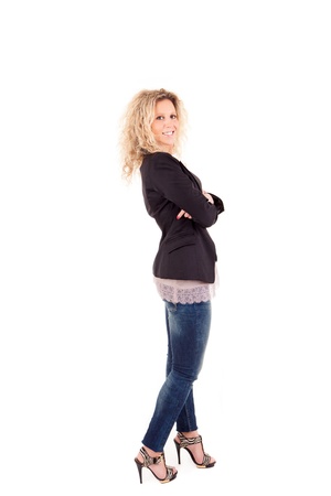 Beautiful blonde woman posing over white backgroundの写真素材