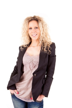 Beautiful blonde woman posing over white backgroundの写真素材