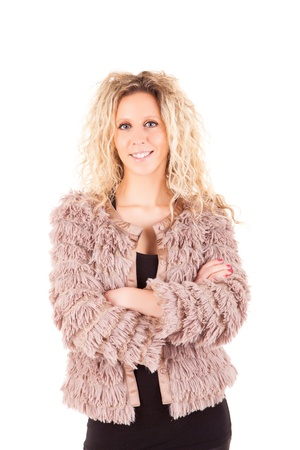 Beautiful blonde woman posing over white backgroundの写真素材