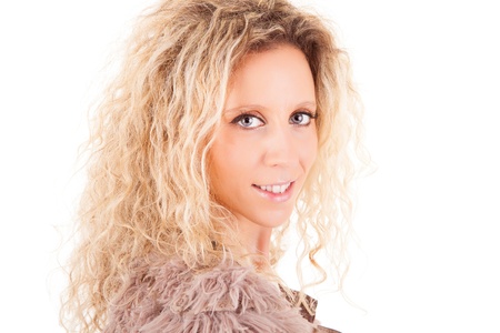Beautiful blonde woman posing over white backgroundの写真素材