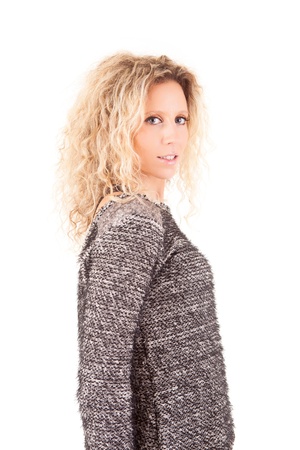 Beautiful blonde woman posing over white backgroundの写真素材