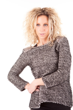 Beautiful blonde woman posing over white backgroundの写真素材