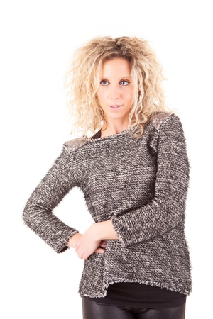Beautiful blonde woman posing over white backgroundの写真素材