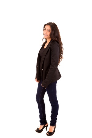 Portrait of a happy young business woman against white backgroundの写真素材
