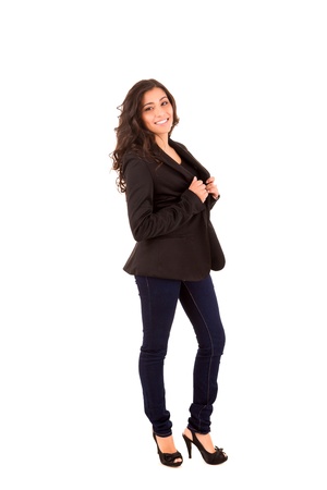 Portrait of a happy young business woman against white backgroundの写真素材