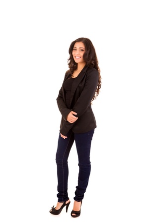 Portrait of a happy young business woman against white backgroundの写真素材