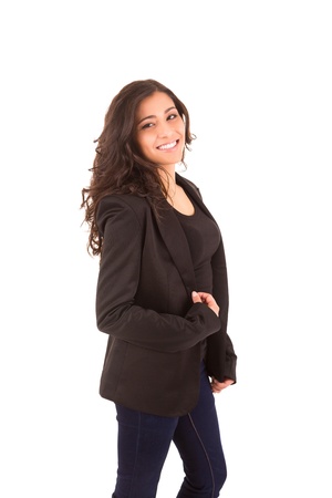 Portrait of a happy young business woman against white backgroundの写真素材