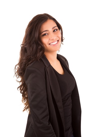 Portrait of a happy young business woman against white backgroundの写真素材