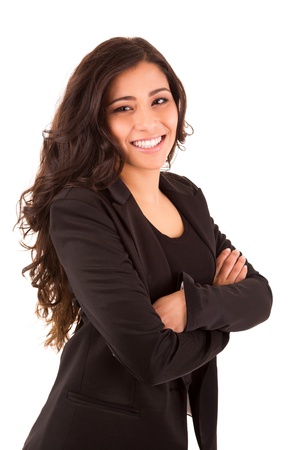 Portrait of a happy young business woman against white backgroundの写真素材