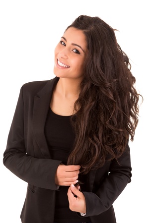 Portrait of a happy young business woman against white backgroundの写真素材