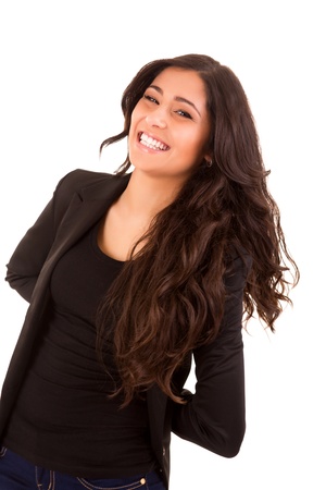 Portrait of a happy young business woman against white backgroundの写真素材