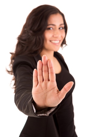 businesswoman making stop sign - selective focus on handの写真素材