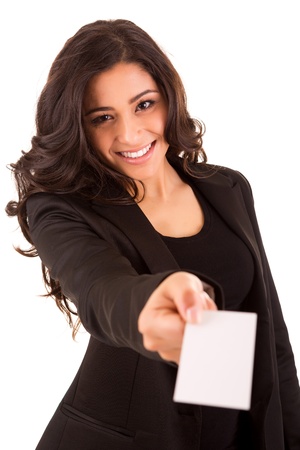 Friendly woman holding a business card and smilingの写真素材