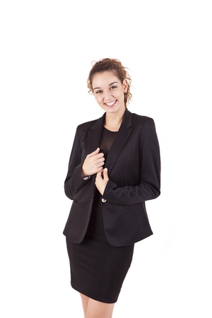 Pretty young business woman smiling on white backgroundの写真素材