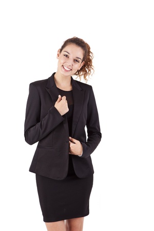 Pretty young business woman smiling on white backgroundの写真素材