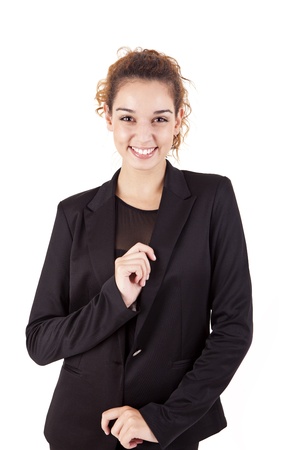 Pretty young business woman smiling on white backgroundの写真素材