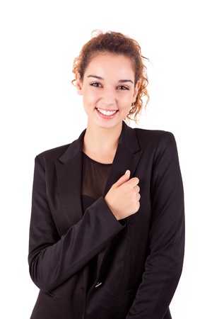 Pretty young business woman smiling on white backgroundの写真素材