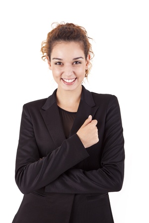 Pretty young business woman smiling on white backgroundの写真素材