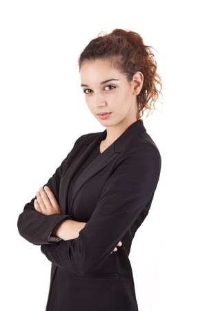 Pretty young business woman smiling on white backgroundの写真素材