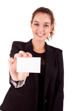 Woman holding empty white card, isolated over whiteの写真素材