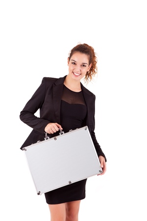 Woman holding metal grey caseの写真素材