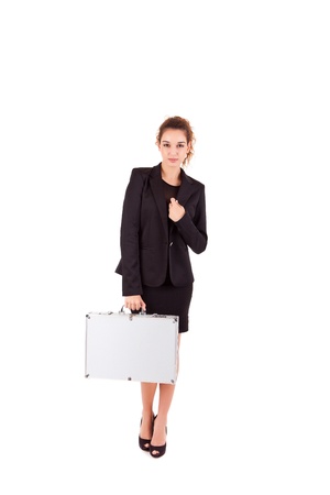 Woman holding metal grey caseの写真素材