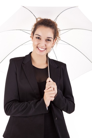 Portrait of happy business woman with a white umbrella on white backgroundの写真素材