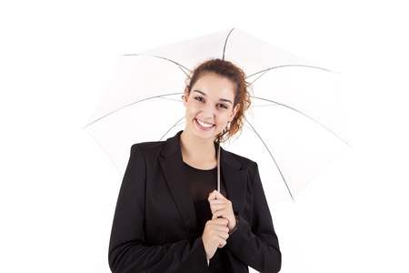 Portrait of happy business woman with a white umbrella on white backgroundの写真素材