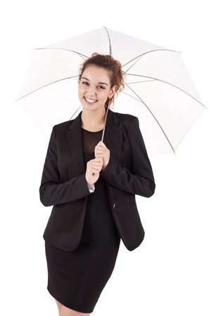 Portrait of happy business woman with a white umbrella on white backgroundの写真素材