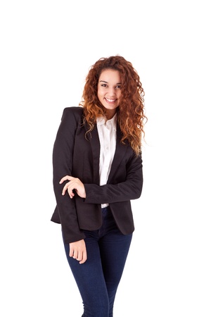 Young beautiful casual business woman posing over white backgroundの写真素材