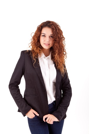 Young beautiful casual business woman posing over white backgroundの写真素材
