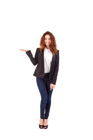 Smiling woman showing somethingの写真素材