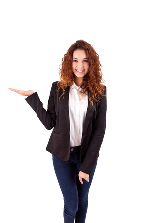 Smiling woman showing somethingの写真素材