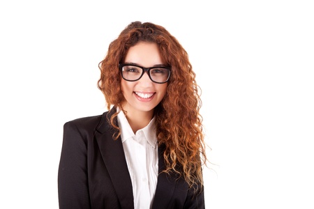 Pretty young business woman smiling on white backgroundの写真素材