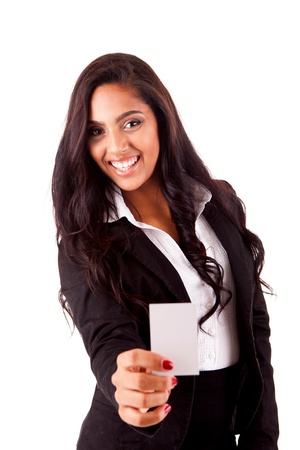 Mix race woman holding empty white card, isolated over whiteの写真素材