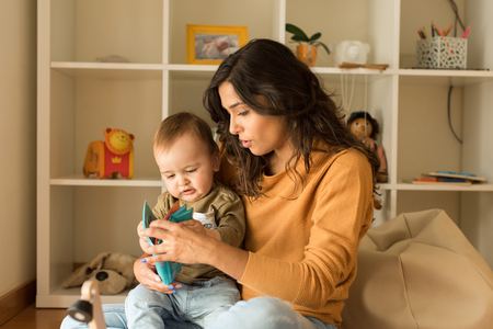 Young Mother playing with toddler at home の写真素材