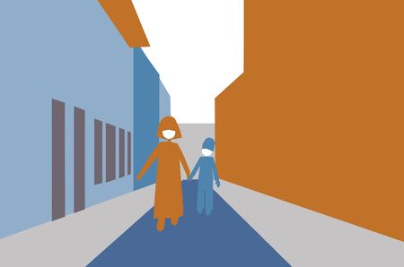 Mother and son wearing face masks and walking through a empty city - Coronavirus impactの写真素材