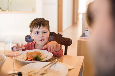 Young family with a little child sitting together for lunchの写真素材
