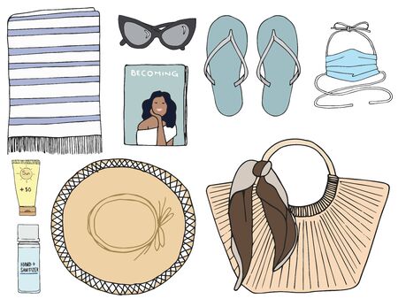 Illustration of summer and self protection objects composition after coronavirus pandemic quarantine の写真素材
