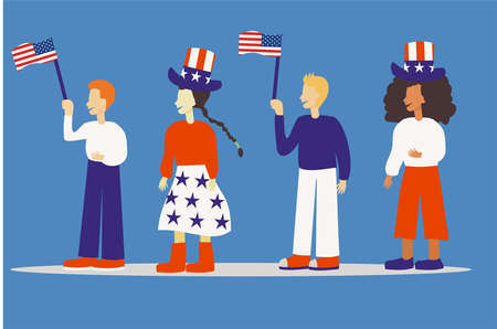 Illustration of a group of people celebrating 4th July Independence Day of United States of Americaのイラスト素材