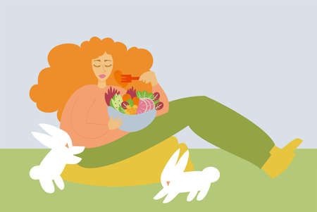 Illustration of a girl eating a bowl of fruits and vegetables with rabbits around herのイラスト素材